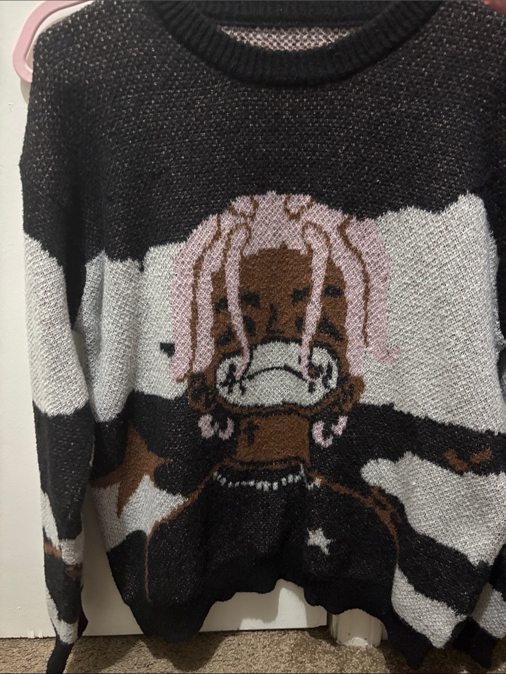 Black and White Graphic Knit Sweater with Pink Accents